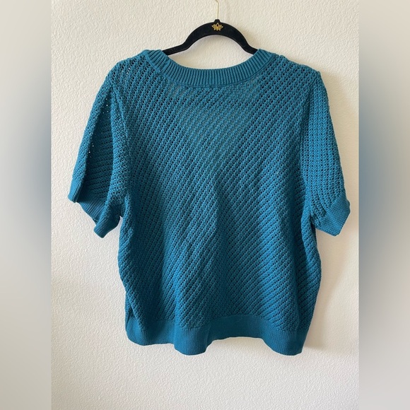 Lane Bryant teal blue button up crochet v neck t shirt sweater blouse - Picture 3 of 3